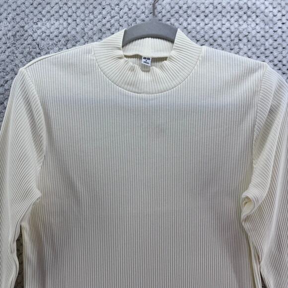 Uniqlo Sweater Womens M Cream Cotton Rib Knit Mock Neck Long Sleeve Fitted - Picture 3 of 12